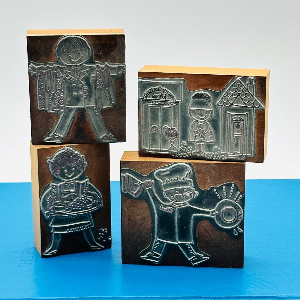 Vintage Set of 4 Letterpress Metal Wood Mounted Printing Stamps